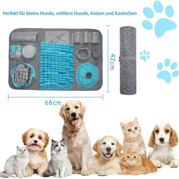 Килимок для пошуку іграшок для собак, 66x42 см [10 VERSTECKE], інтерактивна іграшка-головоломка, міцний, для тренування, підходить для собак будь-якого розміру (Блакитний)