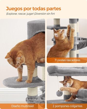 Котячий комплекс Feandrea 112 см, 11 стовпчиків, 2 платформи, будиночок, гамак, іграшки, плюш, багаторівневий, світло-сірий