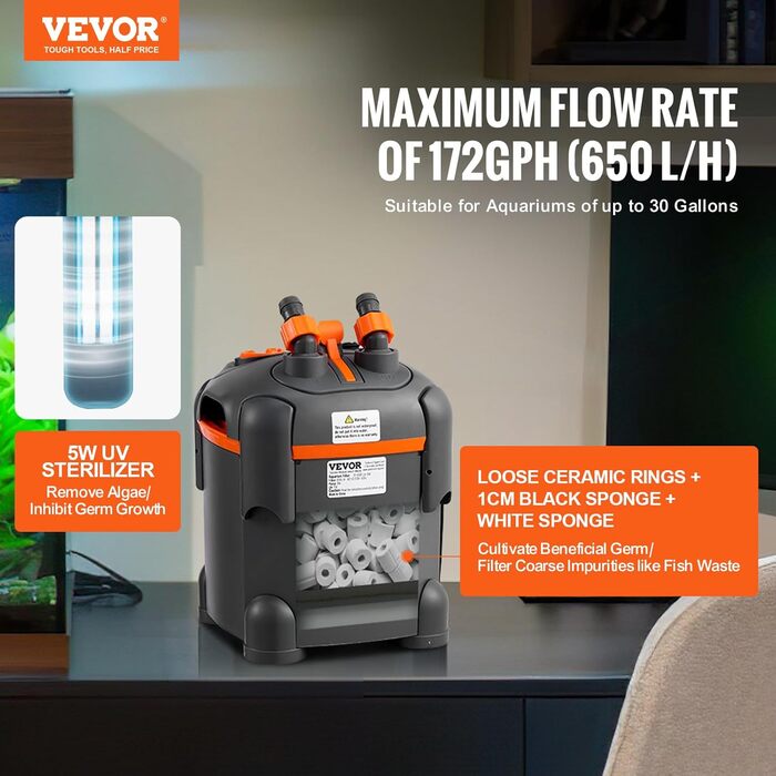VEVOR Каністровий фільтр для акваріума 264GPH, 284 л, ультратихий, з UV-захистом, багатофункціональний внутрішній фільтр, 11 Вт