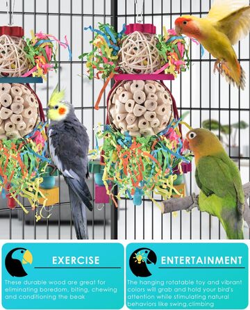Іграшки для папуг Bissap Conure, 2 шт, підвісні, для пошуку корму, з дзвіночком і сола-м'ячами, для хвилястих папуг, нерозлучників, корел, іграшки для клітки