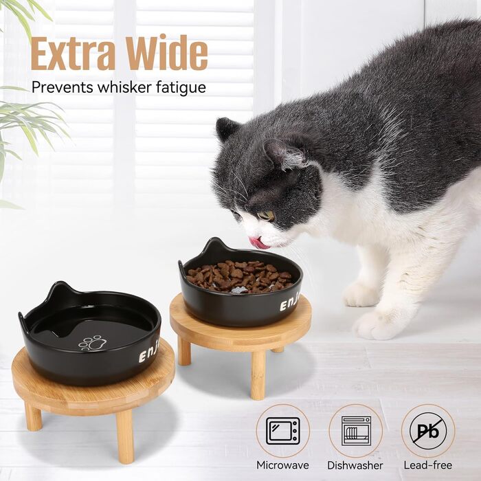 Миски для котів Erhöhte Katzen-Becher, широкі миски для котів з кераміки на бамбуковому підставці для домашніх тварин, миски для корму або води, зручні для вусів, для маленьких собак та кошенят в приміщенні (білі(2шт)) (чорні(3шт))
