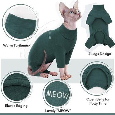 Одяг для котів Sphynx, післяопераційний комбінезон, костюм для котів, піжама для сфінксів, темно-зелений, XL