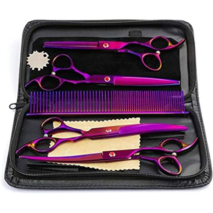 Професійні ножиці для собак 7 дюймів, набір 4 шт. (прямі, зігнуті, проріджуючі), чорний/фіолетовий