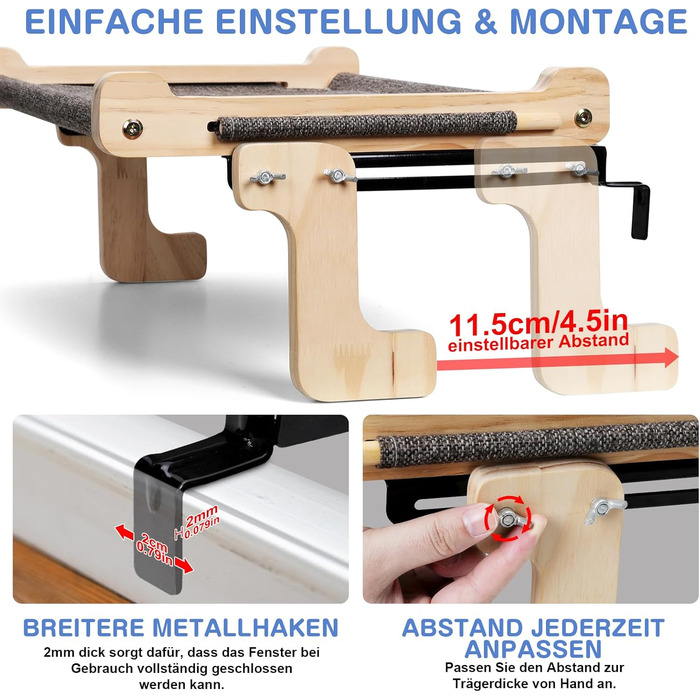 Котів гамак для вікна, лежанка для котів, міцна велика гамак для котів, дерев'яне ліжко для котів на вікно зі знімним товстим чохлом, зручне ліжко для котів на підвіконня, економне місце до 30 кг, чорний