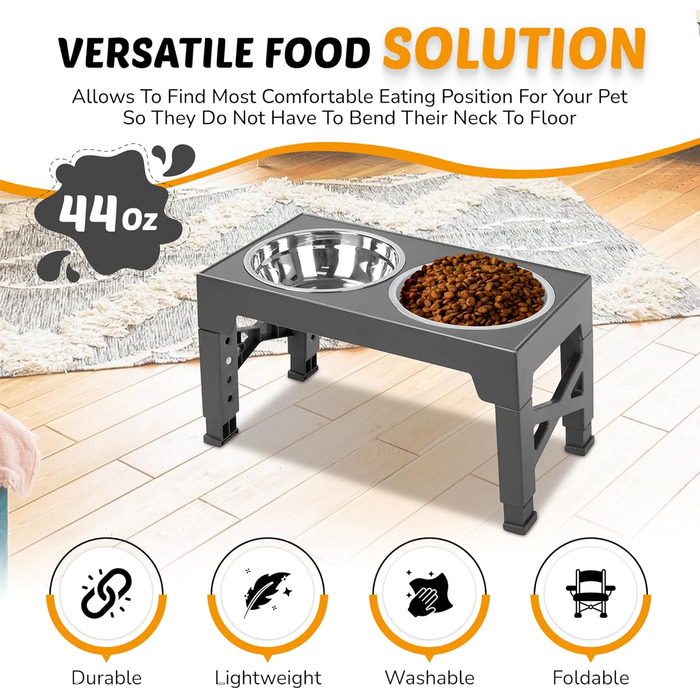 Підвищені годівниці для собак DicePro з регульованою висотою та повільною годівницею, 2 миски з нержавіючої сталі – для малих, середніх та великих собак