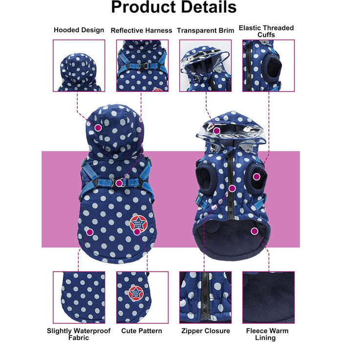Зимовий теплий пуховик для собак з протекторними отворами, вітронепроникна куртка для холодної погоди, бавовна, костюм для цуценят, маленьких та середніх собак, розмір XL (2XL: Обхват грудей:55см/21.6 дюймів, Стиль 2: Синій горошок)