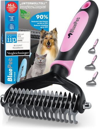 Гребінець для собак та котів з довгим хутром BluePet: видаляє підшерстя та ковтуни, захищає верхній шар, для собак M-L, рожевий