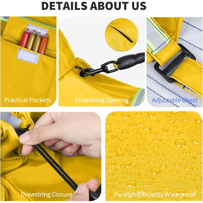Дощовик для собак PETCUTE з капюшоном, непромокаючий, з світловідбиваючими смугами, регульований, з отвором для нашийника, для малих, середніх та великих собак (M, жовтий)