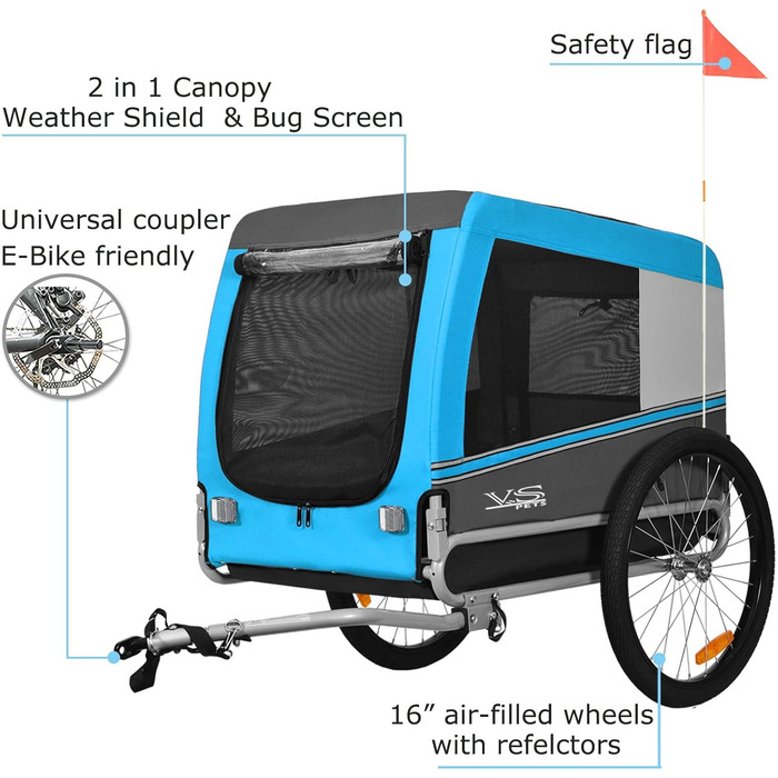 Тігго VS Pets L: Причіп для собак великого розміру, 270 л, для собак до 35 кг, складна конструкція, блакитний