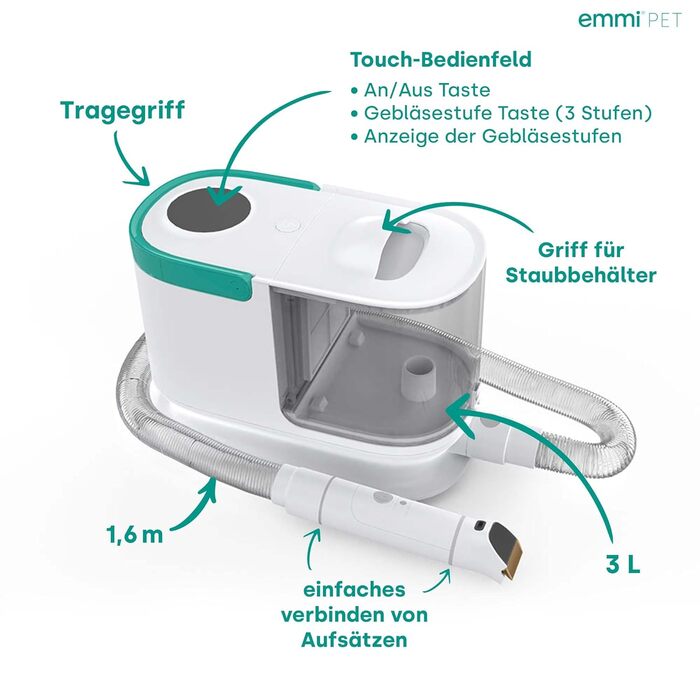 Машина для стрижки собак Emmi-pet 6-в-1 з пилососом | Тример, гребінець та пилосос | 6 професійних насадок | 3 рівні всмоктування | Догляд за тваринами для собак та котів | Тихий мотор | 2,5л контейнер (Професійний набір для грумінгу)