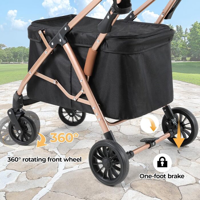 Візок для собак Mamizо 4 в 1, чорний, для 2 тварин до 15 кг, з переносною сумкою та колесами PU