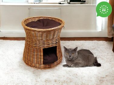 Кошик-будиночок для котів з лози, двоповерхове ліжко для котів і собак, діаметр 47 см, натуральна вербова хата з коричневими подушками, для дому