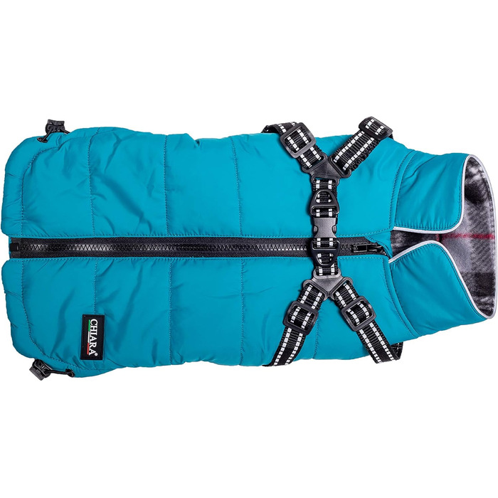 Зимова куртка CHIARA для собак, модель MAX, розмір M, матеріал: 100% поліестер, з флісовою підкладкою, зручна у надяганні, регульована довжина, можна прати в пральній машині, колір: бірюзовий