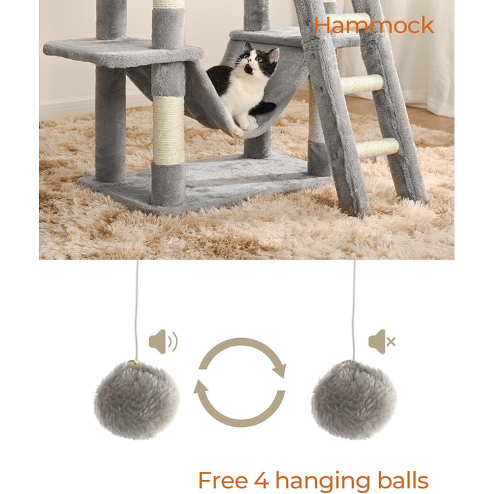Котячий дряпак FourFurPets 160 см, з платформами, будиночками, кошиками, гамаком і іграшками, світло-сірий