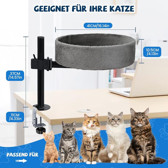 BSWAY Лежанка для кота на стіл - без свердління, 360° обертання, регульована висота. Підвищена котяча лежанка над столом. Тримає кошеня/кота близько, робочий простір чистий. (Темно-сірий, XL)