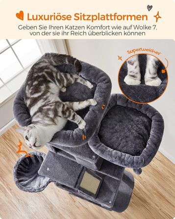 Котячий будиночок Feandrea XXL: багатоповерховий котячий комплекс 206 см, з 13 стовпчиками для шліфування, 2 платформами, 2 печерами, гамаком та іграшками, сірий
