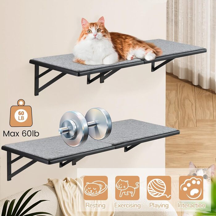 Настінні полиці для котів 4 шт. Purrfect – дерев'яні меблі з кігтеточкою, спальнею та ігровою зоною, чорні, для великих котів