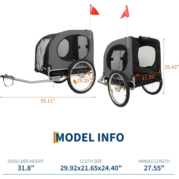 Причіп-коляска для собак до 40 кг та інших дрібних тварин - 88 lbs, сталевий каркас, колеса 16 дюймів, знімний вкладиш, для активного відпочинку (сірий)