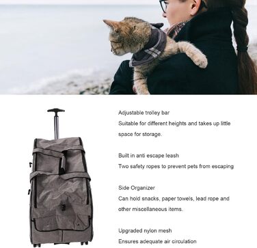 Транспортна переноска для собак, складана, велика, з колесами та телескопічною ручкою. Підходить для котів та собак до 17,5 кг (сіра)