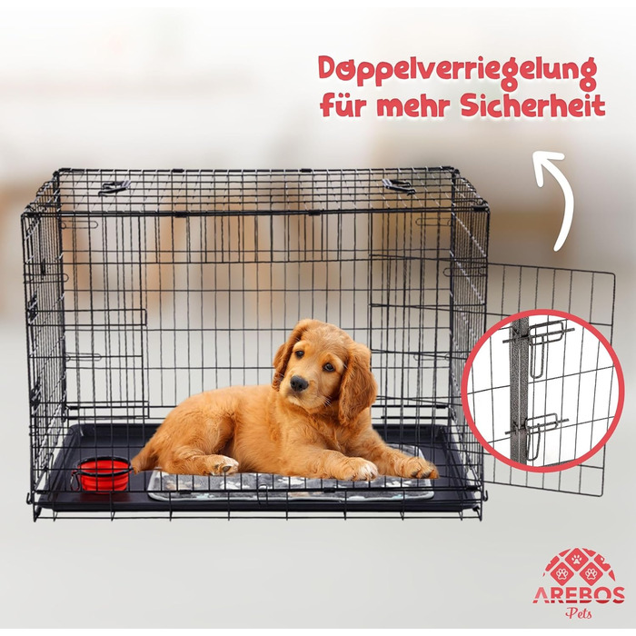 Клітка для собак Arebos | Транспортна переноска для собак, складана | Клітка-переноска для авто | Клітка для собак з 2 дверцятами | Чорна (92,5 x 60 x 66 см)