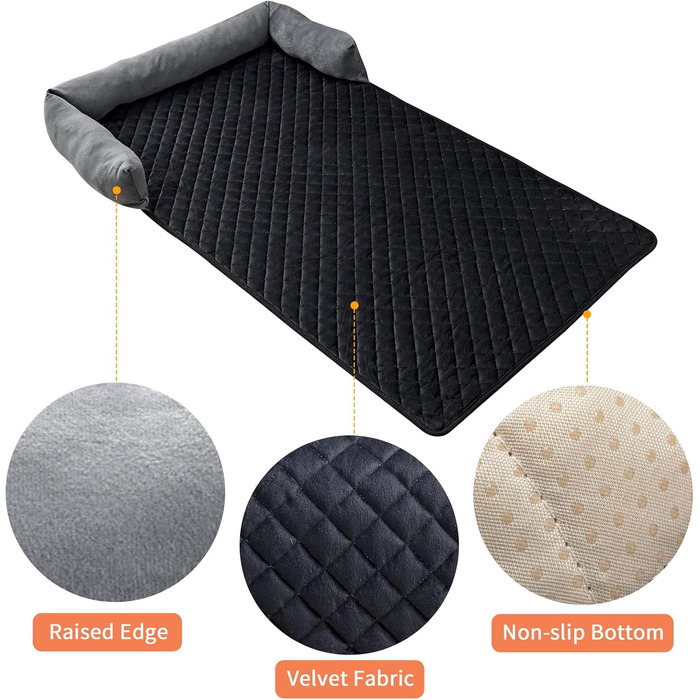 М'яке ліжко-матрац для собак і котів з велюру, антиковзаюче, миється, 75x120 см, сірий/чорний