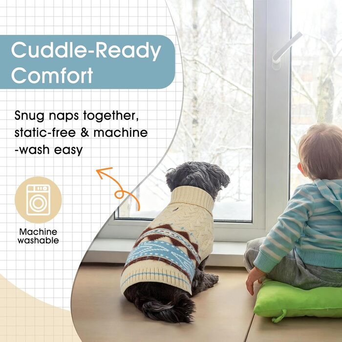 Вогняний ролкроген-светр для зими, м'який візерунок Fair-Isle, одяг для домашніх тварин без бокових ніжок, для повідка – підходить для собак маленьких, середніх та великих порід, розмір XXL (XX-Large, світло-бежевий)