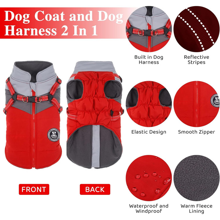 Зимовий теплий одяг для цуценят, світловідбиваючий, водонепроникний, з шлейкою для собак маленьких та середніх порід, L, Червоний