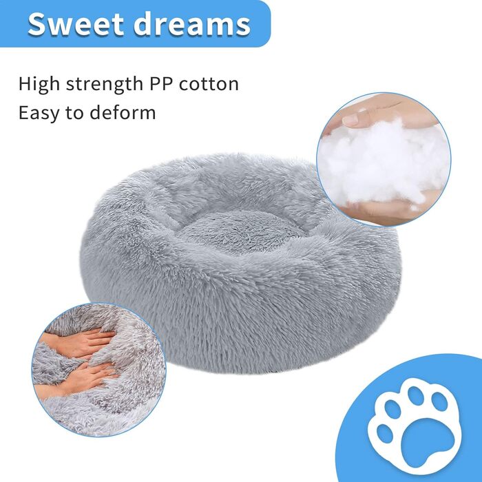 М'яке кругле ліжко для собак 60 см – зручне доріжне ліжко для котів та маленьких собак, миється, не ковзає, плюшеве ліжко для тварин, сірий (L 50 x B 50 x H 20 см, світло-сірий)
