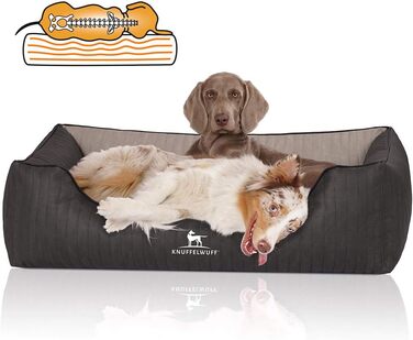 Ортопедичне собаче ліжко Knuffelwuff Outback XXL з лазерного стежчастого штучного шкіряного покриття, 120 x 85 см, чорний/сірий. Знімний чохол, легко мити, підходить для великих, середніх та маленьких собак. Розміри: 120 x 85 x 25 см
