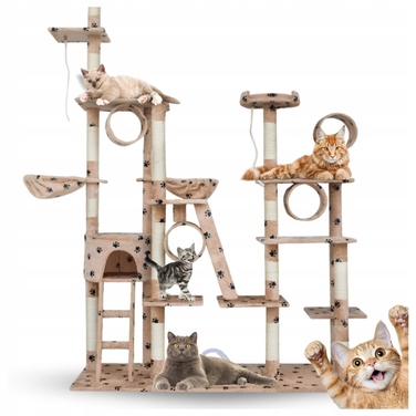 Величезний ігровий комплекс для котів XXL (255 см) — Дряпалка-вежа з гамаком, тунелем та будиночком, бежевий
