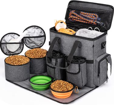 Сумка-переноска для собак Modoker, схвалена авіакомпаніями, органайзер для домашніх тварин з плечовим ременем, 2 контейнери для корму для собак, 2 складні миски для собак, темно-сірий