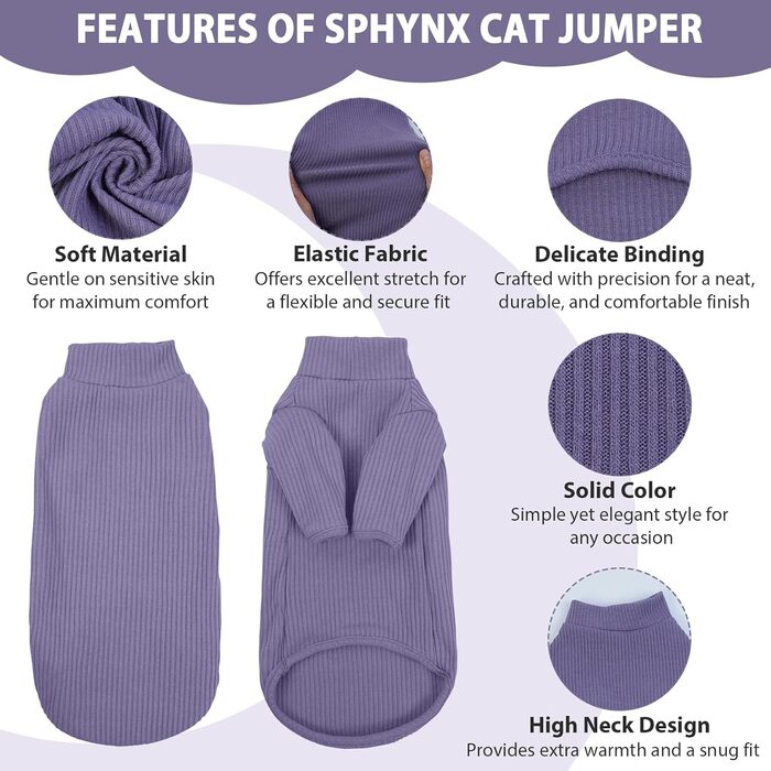 Тепла жилетка для безшерстних котів з високим коміром, фіолетового кольору (L)