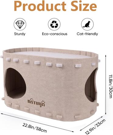 Будиночок для котів NATUYA, фетровий, складний, 58×33×30 см, бежевий, легкий у догляді