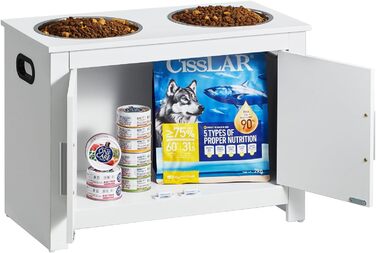 VEVOR шафа-кормниця для собак з 2 нержавіючими мисками 60x30x44 см, підвищена станція для годування з місцем для зберігання, біла, для великих собак