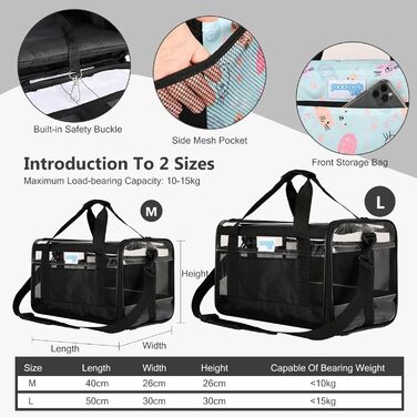 PETCUTE Транспортна сумка для котів та собак, складана, з плечовим ременем, схвалена авіакомпаніями, дихаюча, знімний мат, синій (M, Чорний)