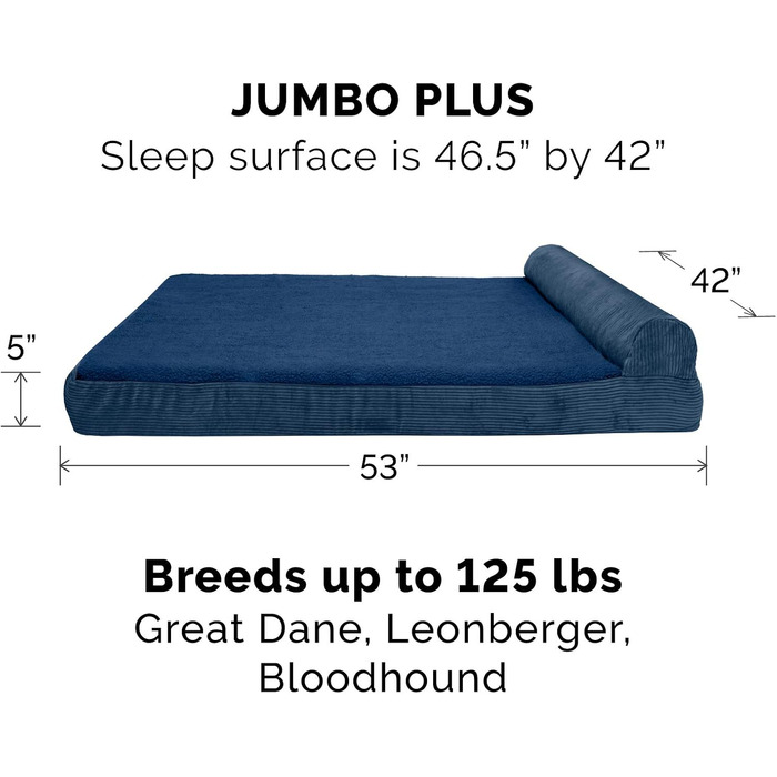 Ортопедичне ліжко для собак Furhaven Jumbo Plus/XXL: велике, з підголовником та знімним чохлом, до 56,7 кг, фліс та корд, Marineblau (135x107x24 см)