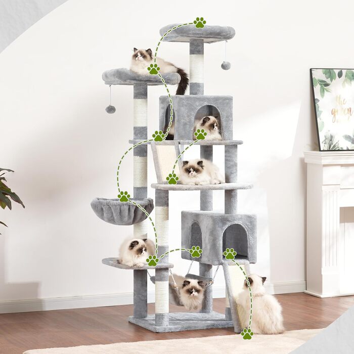 Комплекс для котів Kratzbaum 180 см: Дряпка-стовпчик з платформами, будиночками та іграшками, колір світло-сірий