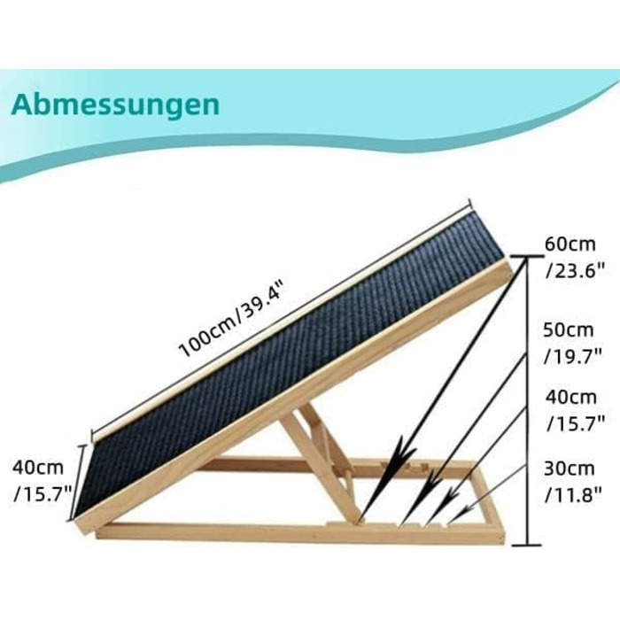 Рампа для котів та собак 3-в-1 Hunderampe – 100 см, з дерева, регульована висота (30-60 см), з антиковзним килимком, для ліжка/автомобіля/дивану