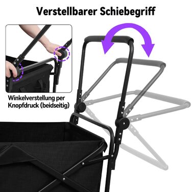 Візок для собак до 50 кг, розкладний, чорний - без даху. Візок-будка з безкамерними шинами для бездоріжжя, регульованою ручкою та заднім отвором для зручного завантаження. Підходить для великих та літніх собак, після операцій.