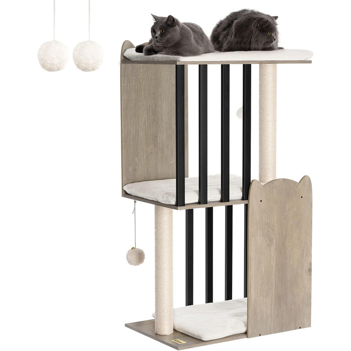 Сучасний котячий дряпак FourFurPets, 111 см, 3 рівні, 2 стовпи з сизалю, 3 великі платформи, сірий беж