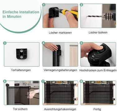 Захист для сходів з замком, висувний захист для дітей та собак, 150 см ширина, 83 см висота, автоматична засувка, чорний (140 см, без свердління)