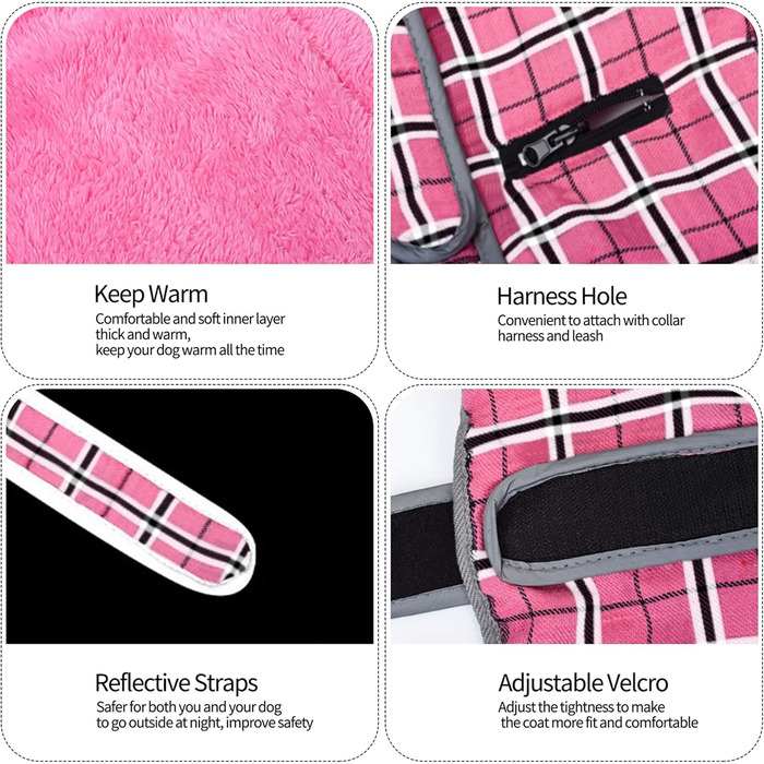 Зимовий теплий жилет для собак Eastlion в клітинку. Одяг для собак маленьких, середніх та великих порід. Жилет з отвором для повідка (S, Рожевий)