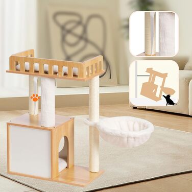 Дерев'яна кігтеточка Heybly HCT007SSR для котів: кігтестоїка-стійка з платформою 30x50 см, будиночком та 2 сизалевими стовпчиками, коричнева