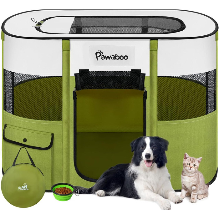Pawaboo Зручний переносна клітка для тварин, розкладний вольєр для собак та котів з водонепроникного оксфорду, з сумкою для перенесення, миска, для цуценят, котів, кроликів, для дому та вулиці, зелений, M, 80x60x55 см