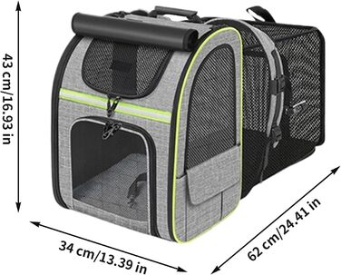 Рюкзак-переноска для котів з висувною мискою – зручна переноска для тварин, дихаюча, складна, для подорожей, прогулянок, транспортування (Сірий з зеленими вставками)