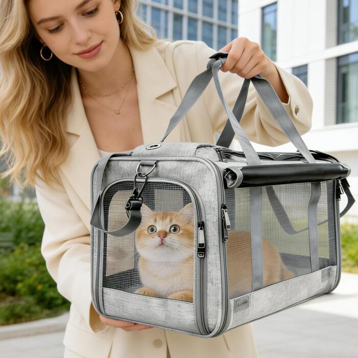 Транспортна переноска для котів та собак, 46x30x30 см, темно-сіра, складана, з вентиляційною сіткою та кишенею, до 10 кг