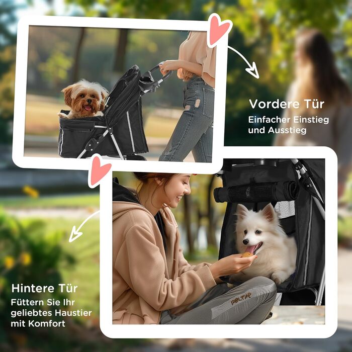 Візок для собак та котів PawHut, чорний, 75x45x97 см, 75L, з килимком, сітковими віконцями, тримачем для напоїв та сумкою для зберігання