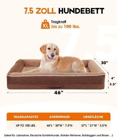 Ортопедичний лежак для собак XL, кошик для собак, що можна прати, з піною у формі яйця, водовідштовхувальний диван для собак з неслизьким дном та чотиристоронніми подушками (світло-коричневий, 117x76x19 см)