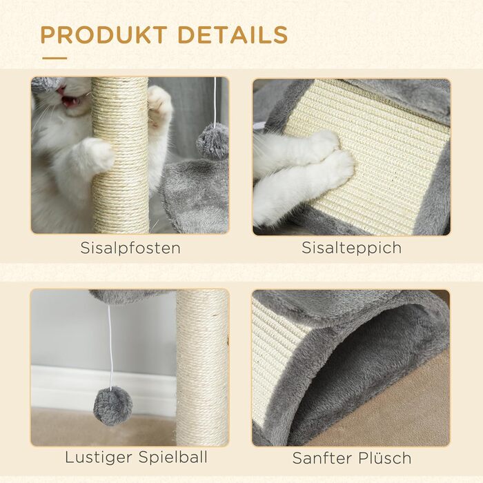 Дерев'яний кігтеточка PawHut для котів - ігровий комплекс з м'ячем, 40 x 30 x 43 см, коричневий/світло-сірий