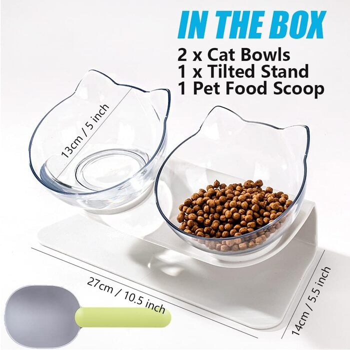 Підвищена годівниця для кошенят Katzennapf, 15° нахил, анти-блювотний дизайн, миска для котів з підставкою, набір з двох мисок, прозорий пластик
